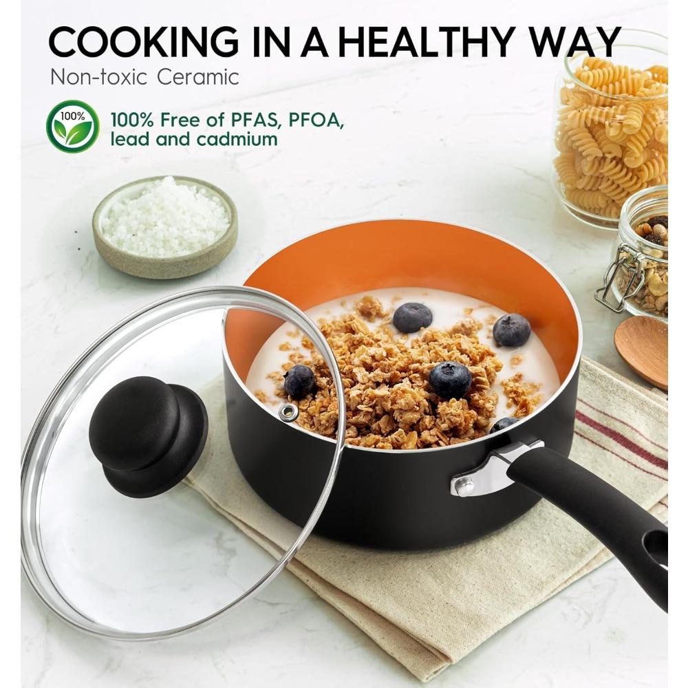 MICHELANGELO Non-stick Cooking Pot with Lid, 1QT and 2QT Ceramic Pot Set (with Steamer), Small Copper Pot Set, PFAS Free