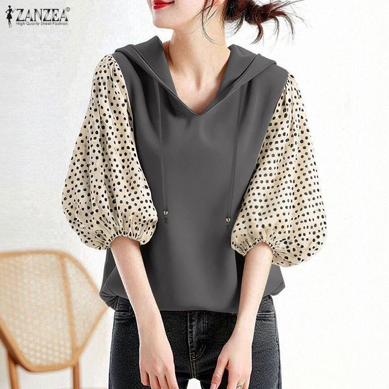 ZANZEA Femei Casual Imprimeu Buline Splice Mânecă 3/4 Hanorac Lejer Bluză