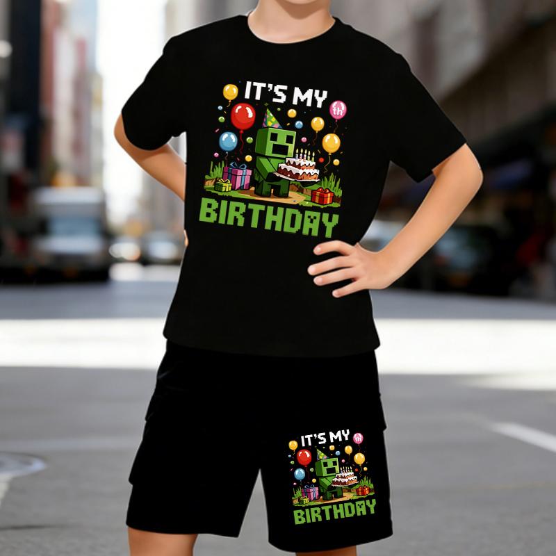 

Boys 2 Piece Game and Celebration Themed Printed Outfit, Short Sleeve T-Shirt and Shorts Set for Kids Age 5-14,White Sporty Casual Summer Clothes 5-6 Years чёрный