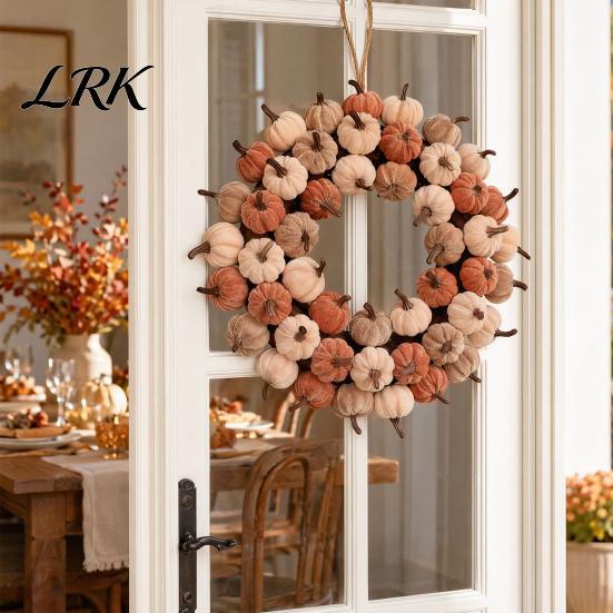 Artificial Pumpkin Vine Velvet Wreath Door Hanger, Fall Thanksgiving Garland, Rustic Fluffy Autumn Harvest Decor for Entryway Window, Farmhouse
