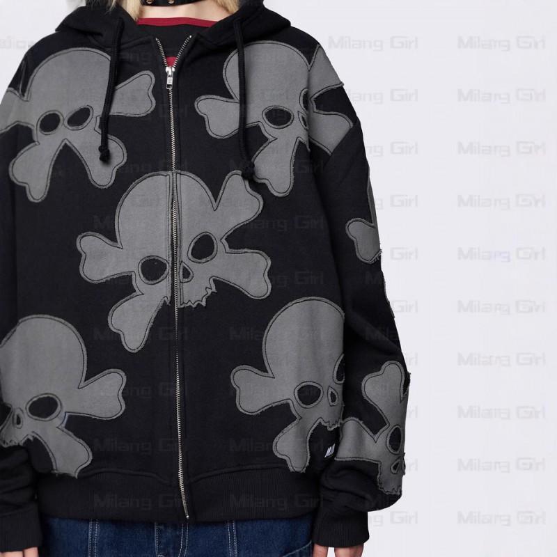 Black Skull Print Oversized Hooded Zip-Up Sweatshirt Streetwear Y2K Gothic Punk Unisex Long Sleeve