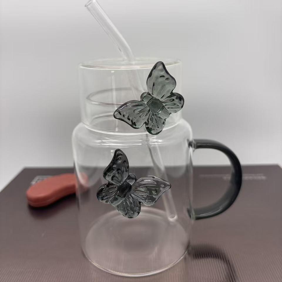 High Borosilicate 3D Glass Water Cup with Butterfly Straw, Transparent Milk and Juice Cup 500ml