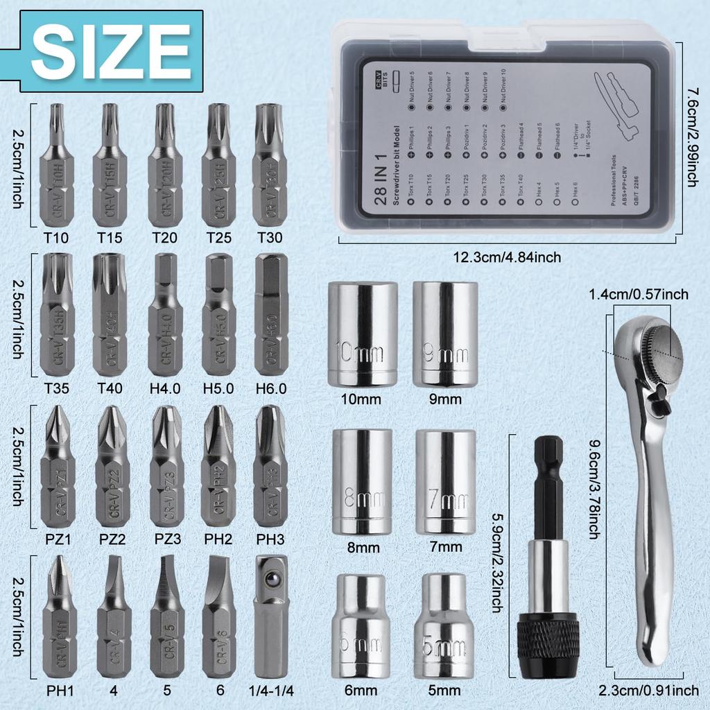 SPEEDWOX Ratchet Driver Includes Socket Slotted Hex Wrenches Flathead and Phillips Offset and Offset Motorcycle Tool Kit 28-Piece Set, 1/4" Bits,