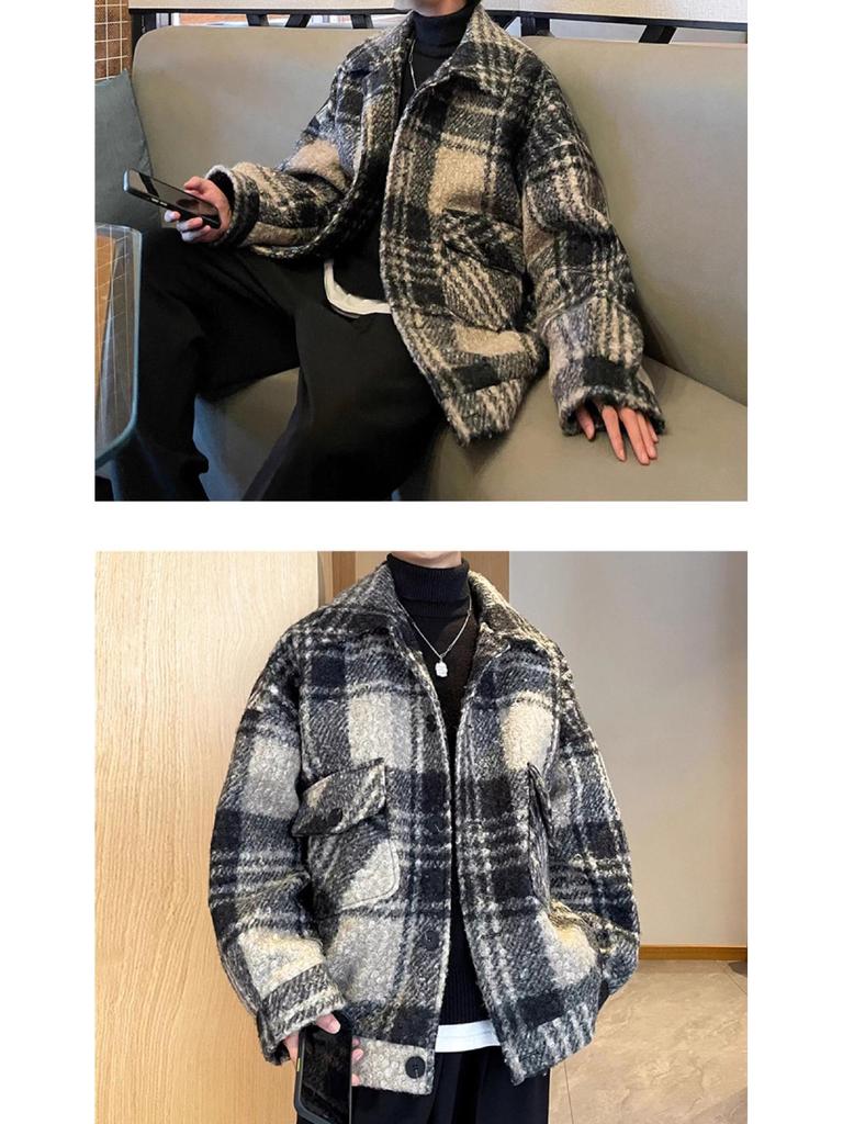 Men's Retro Plaid Wool Coat: Trendy, High-End, Thickened, Warm, Autumn/Winter Casual Jacket
