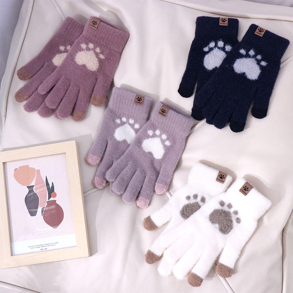 Elastic Knitted Plus Velvet Cat Paw Wool Mittens Female Gloves Driving Gloves Gloves