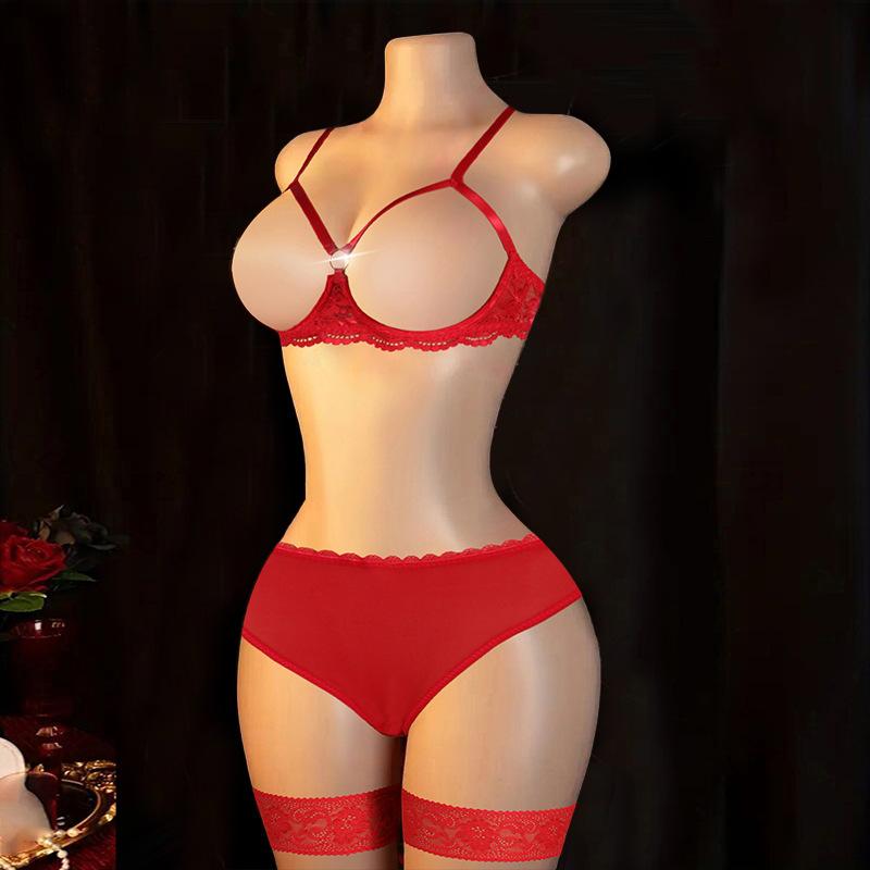 Sexy Women's Bra Panties Lace Set with Leg Rings Neck Rings Sex Underwear