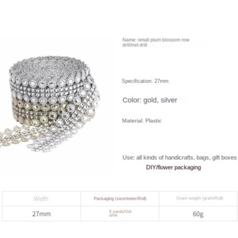 5 Yards Flower Crystal Ribbon Gold Silver Sewing Applique DIY Rhinestone Chain Party Decoration