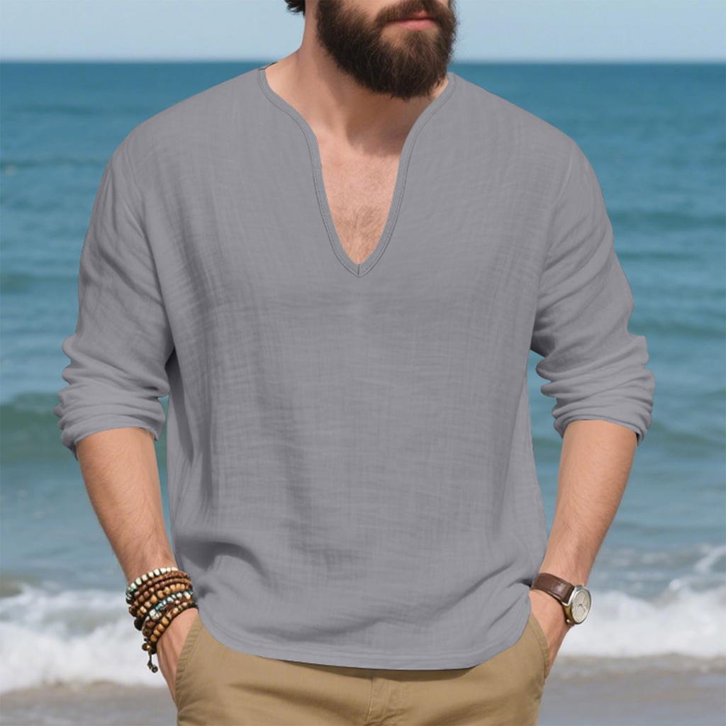 Mens Linen Shirts Loose Fit Long Sleeve T Shirt Solid V Neck Hippie Yoga Pullover