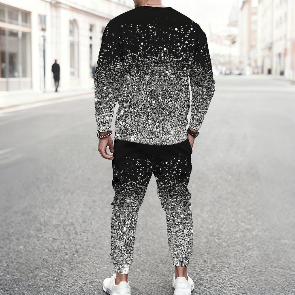 Men Black Cyan Half Split Brush Edge Print Long Sleeve Sweatshirt Jogger Pants Two Piece Suit