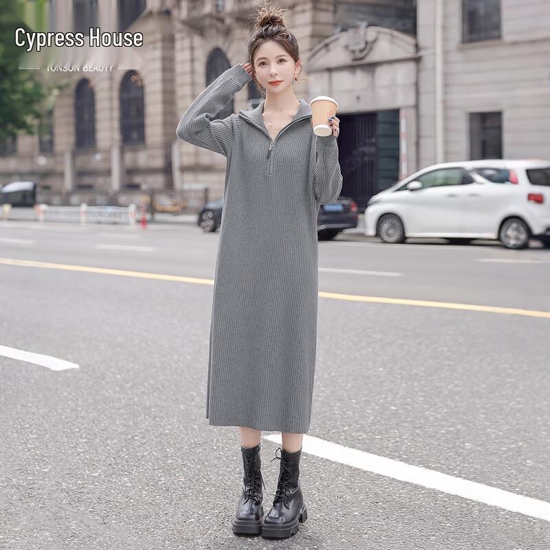 

Women s Knitted Turn-Down Collar Long Sleeve Midi Dress S