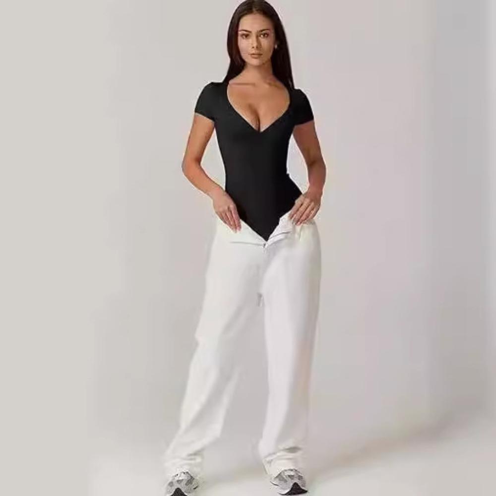 Women's Bodysuit Deep V Neck Short Sleeve Slim Fit Body Suits Casual Blouse Tops Elegant Bodysuits