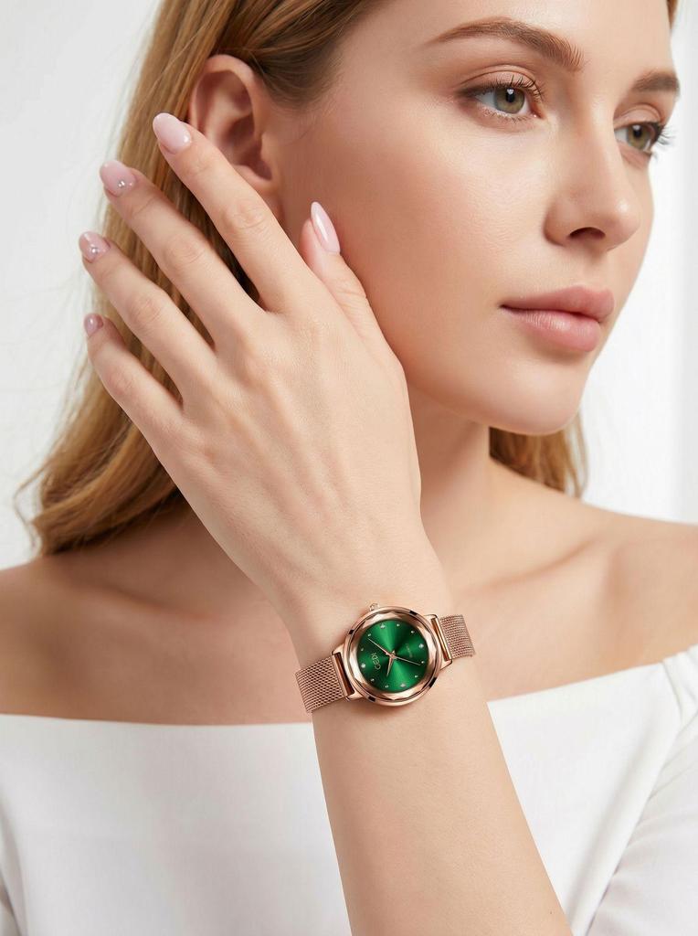 Gedi Elegant Mesh Strap Women's Quartz Watch with Faceted Diamond Markers, Waterproof and Versatile for Everyday Wear.