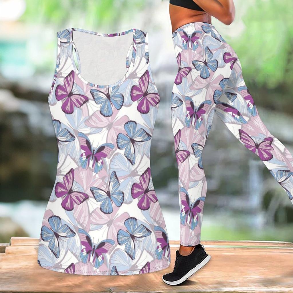 Butterfly Print Yoga Outfit for Women Fashion Workout Leggings Fitness Sports Casual Yoga Set Sports Suit