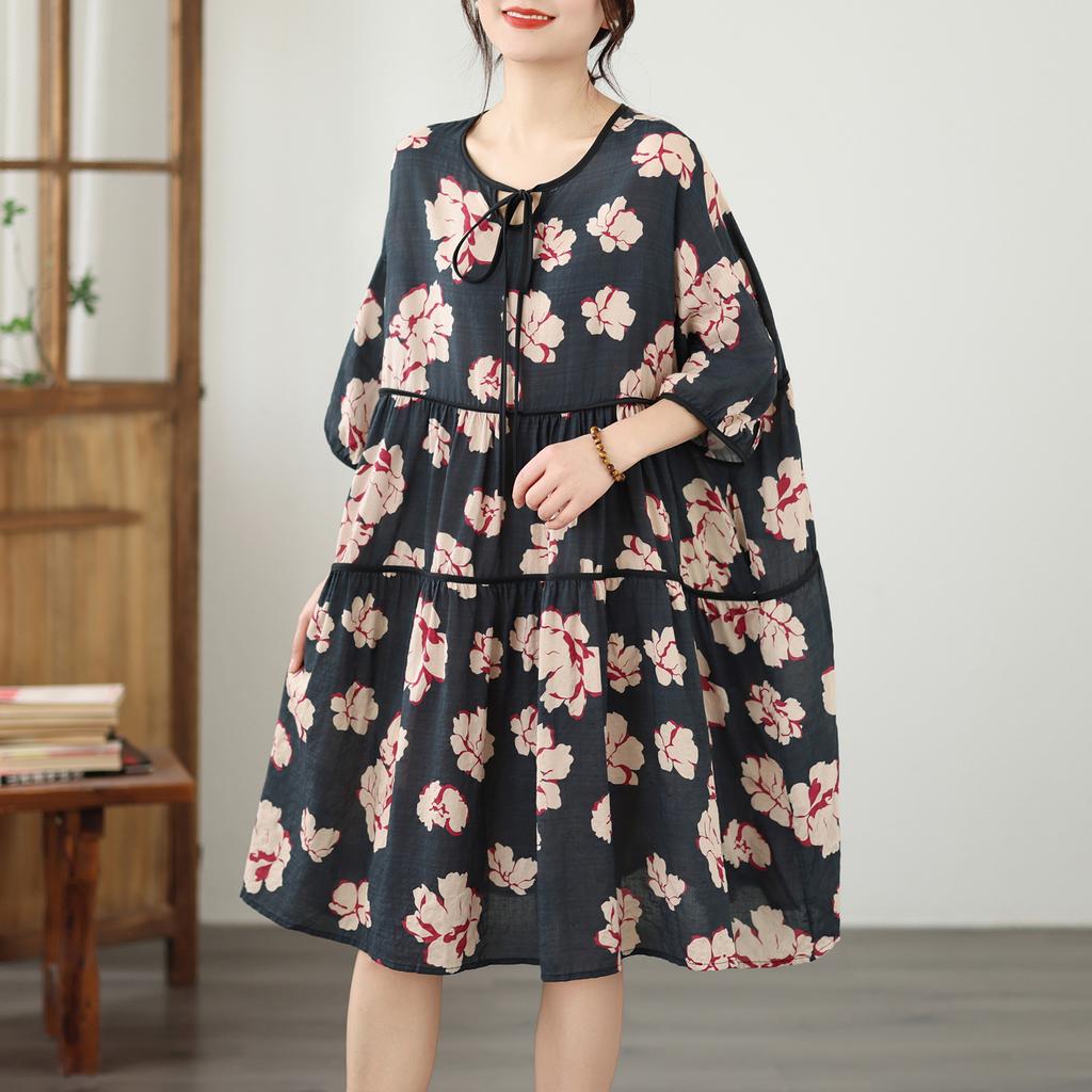 DIMANAF New 2026 Women Plus Size Summer Beach Print Long Dress Sundress Loose Oversize Maxi Lady Floral Cotton Dress