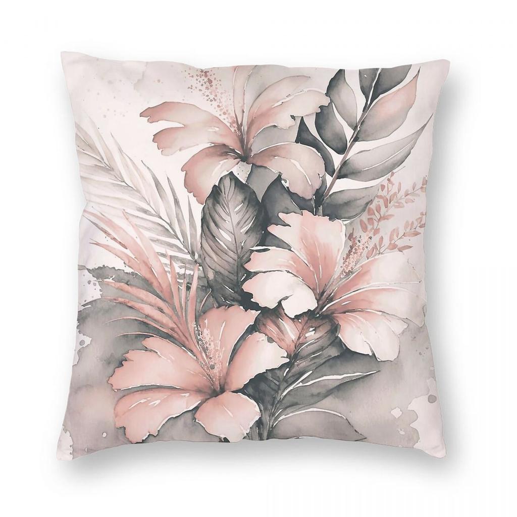 Grey Pink Exotic Flowers Square Pillowcase Polyester Linen Velvet Creative Zip Decor Home
