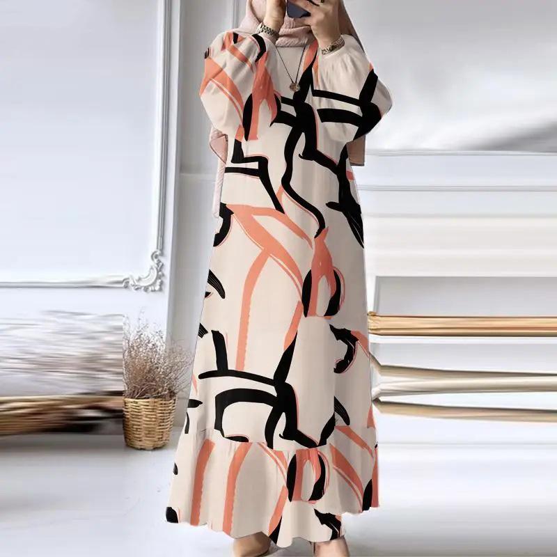In-Stock Pleated Vintage Muslim Women's Robe with Puff Sleeves and Pocket Hem Ruffle Dress