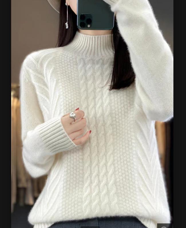 Women's Half High Neck Wool Sweater - Solid Color, Cable Knit, Cashmere Blend, Thickened Base Layer, 2023 Autumn/Winter Trendy.