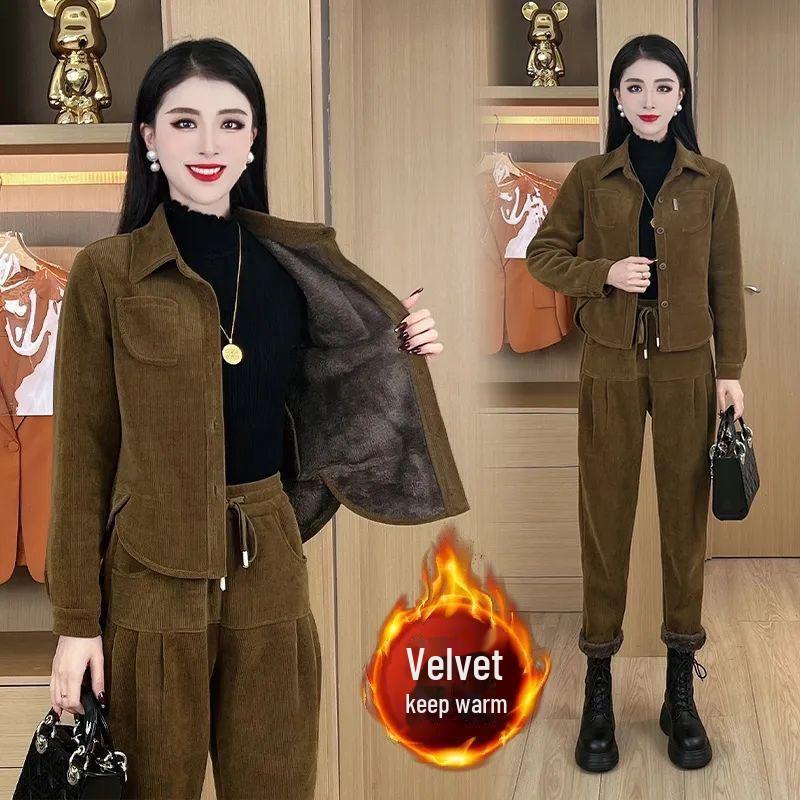 2024 Women's Korean Style Corduroy Two-Piece Suit: Autumn/Winter Fashion with Plush Velvet for Age-Reducing Elegance