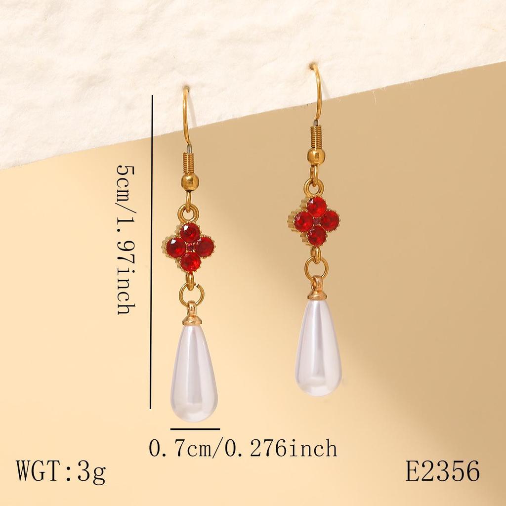 White Diamond & Pearl Four-Leaf Clover Stainless Steel Earrings for Women - Fashionable Water Drop Pendant Accessories