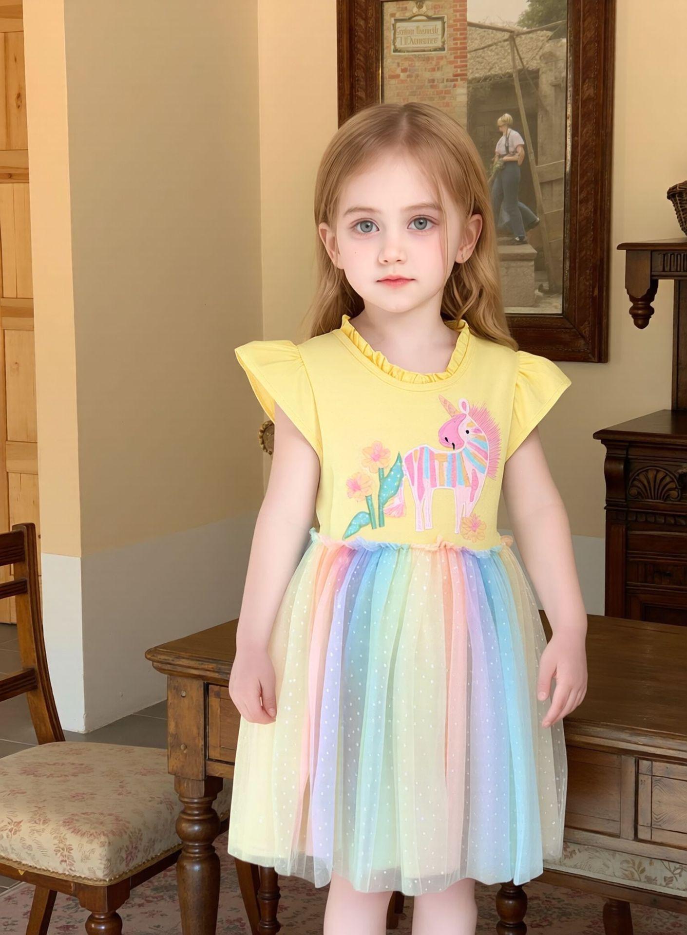 Summer Girls Rainbow Sleeveless Tulle Dress Unicorn Embroidered Princess Party Gown 90