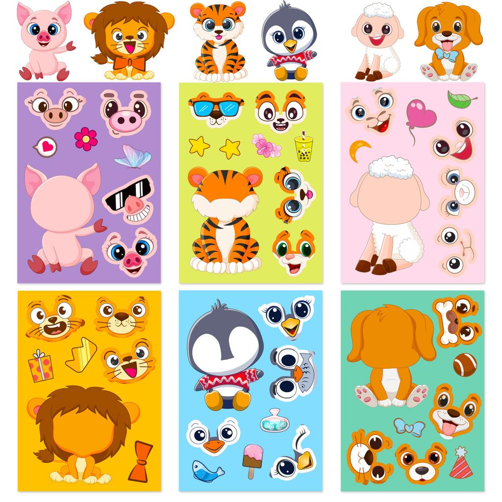 6 Bilder/Packung Kleine Tier Puzzle Aufkleber für die Früherziehung von Kindern Gesichtswechsel-Aufkleber für Babypuzzles