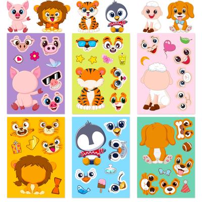 6Sheets Children DIY Puzzle Sticker Animals Face Funny Assemble Jigsaw Stickers Kids Educational Toys