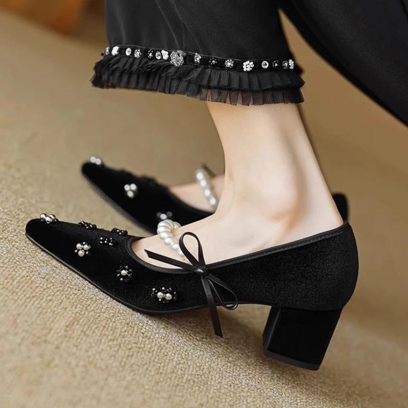 Fashion Japanese Style Lolita Block Heel Woman Pumps with Bow Medium Heels Chunky Pointed Toe Mary Jane Shoes for Women Gothic Pearl Y2k