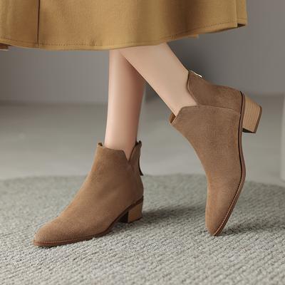 Fashion 2024 Autumn Women Boots Cow Suede Ankle Boots Genuine Leather Modern Boots Pointed Toe Leather Shoes Western Boots Chelsea