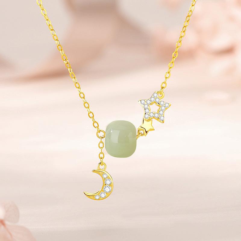 S925 Sterling Silver Star Moon Hotan Jade Bracelet Female New Chinese 14K Gold Luxury Hand String Autumn New Original
