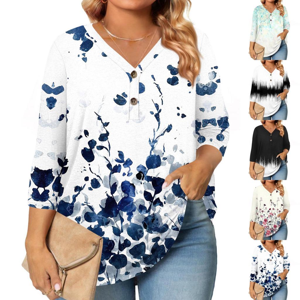 Womens 3/4 Length Sleeve Tops Plus Size Button Down V Neck Shirts Blouses Casual Printing Loose