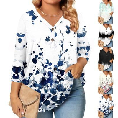Tops de Manga 3/4 para Mujer Talla Grande Camisas con Botones Cuello en V Blusas Estampado Casual Sueltas