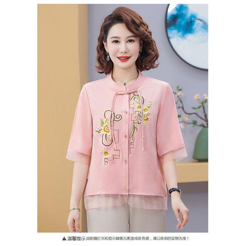 Women s Chinese Style Stand Collar Blouse Half Sleeve Embroidered Floral Frog Button Elegant Red Top for Daily XL розовый
