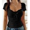 Women's Loose V-Neck Casual Solid Color Lace Short Sleeved Top Lace Short Sleeved Top