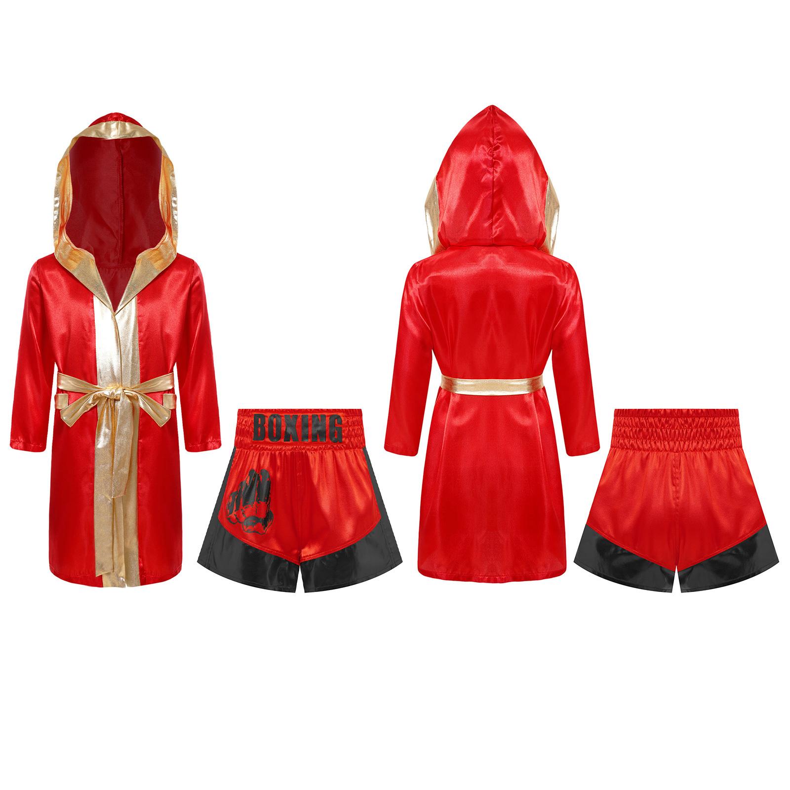 

Complete Boxing Outfit for Kids: Open Front Belted Robe & Side Slit Shorts, Halloween Cosplay & Sporty Role Play Costume 7-8 Years чорний/червоний