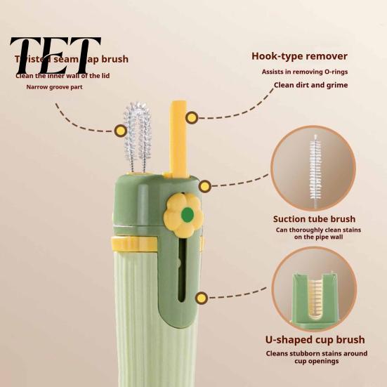 Deep Cleaning Brush 5 in 1 Silicone Cup with Long Handle, Multifunctional Detailed Corner Cleaner Brush, Non-slip Reusable for Baby Bottles Water Cups