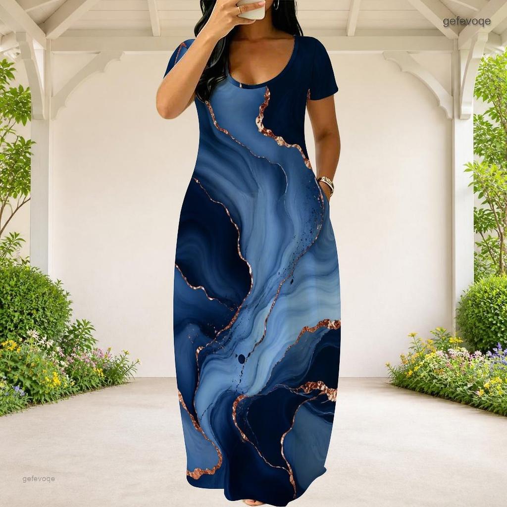 Women Plus Size Round Neck Short Sleeve Printed Loose Maxi Dress With Side Pockets