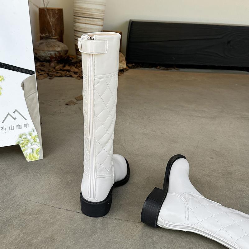 Cowhide Version Rhombus Pattern Round Head High Tube Thick Heel Knight Boots Women But Knee Thin Flat Bottom Boots Women
