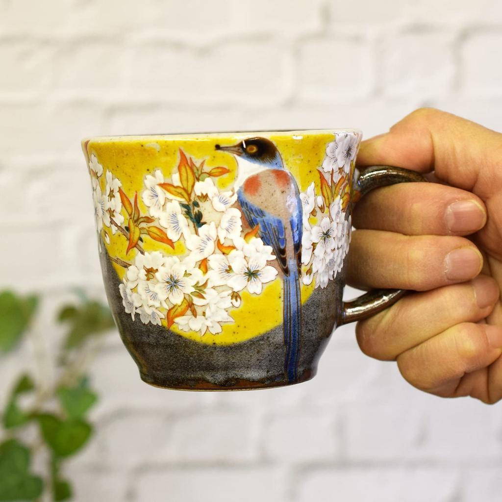 Waza no Kura Stylish Kutani Ware Coffee Mug with Yoshidaya Mountain Cherry Blossom and Bird Design, Ceramic, Luxury Brand, Made in Japan, Perfect as a