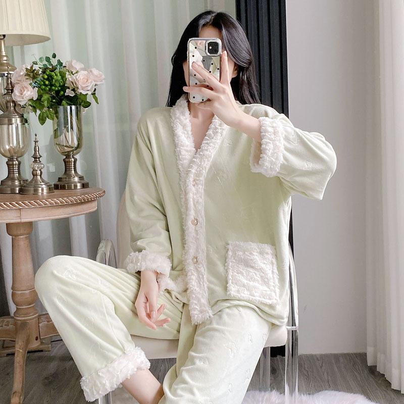 (Island Velvet) New Women's Pajamas Autumn and Winter Long-sleeved Trousers Thickened Loungewear Simple Warm Suede Pajamas Set