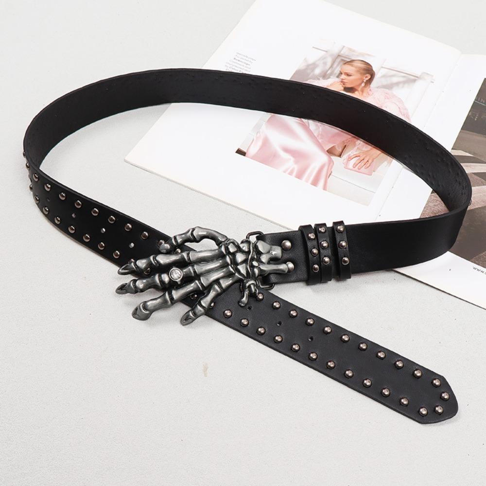 Adjustable Black Rivet Belt Y2K Skeleton Fingers Belt Jeans Decor Skull Wide Waistband  Party