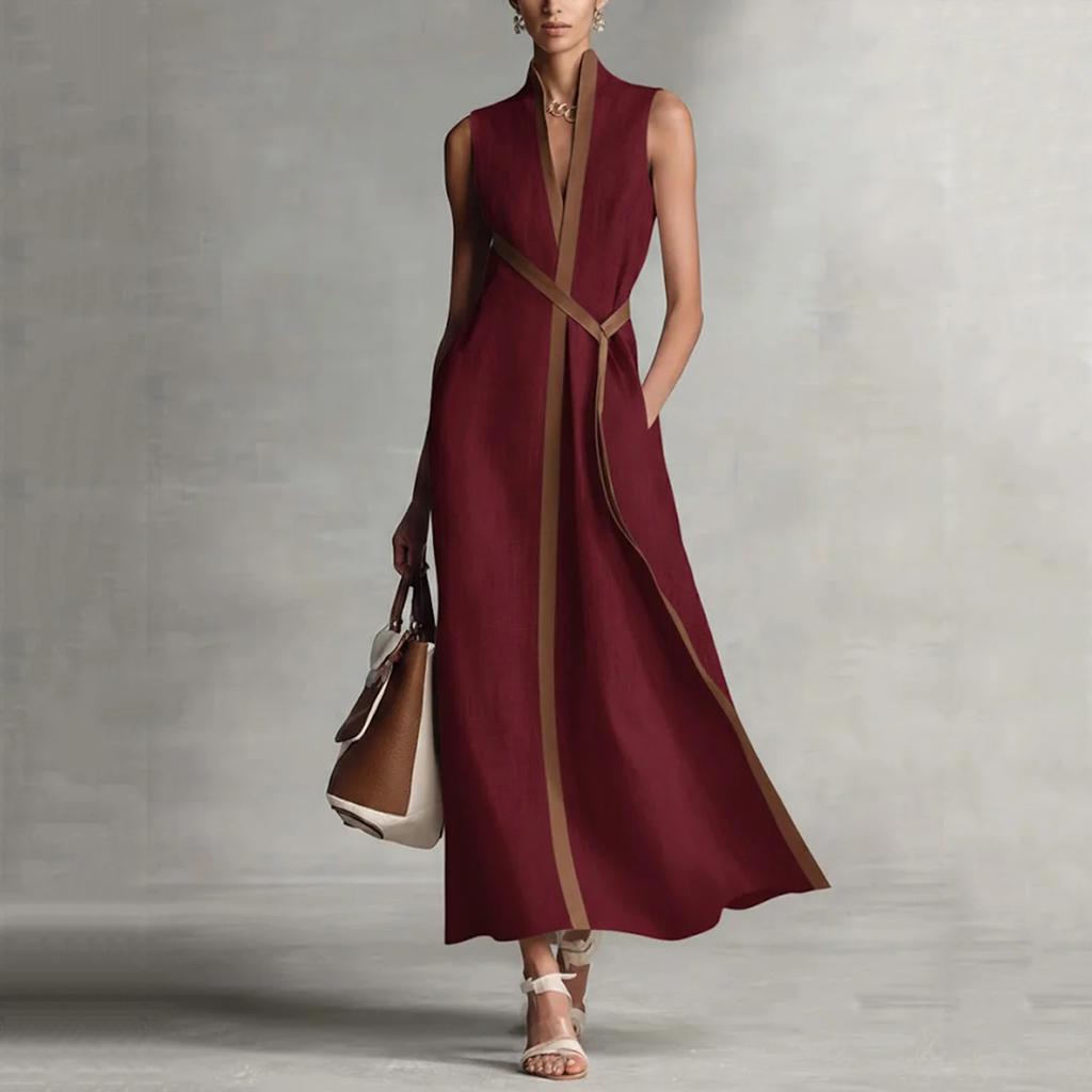 Women's Fashionable Vintage Stand Collar Sleeveless Casual Color-Blocked Loose Dress