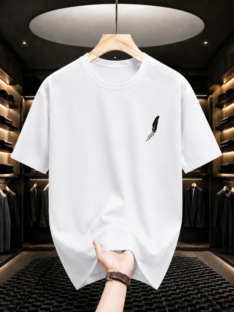 2026 New 100 Cotton Tee Minimal Left Chest Feather Small Graphic Casual Short Sleeve