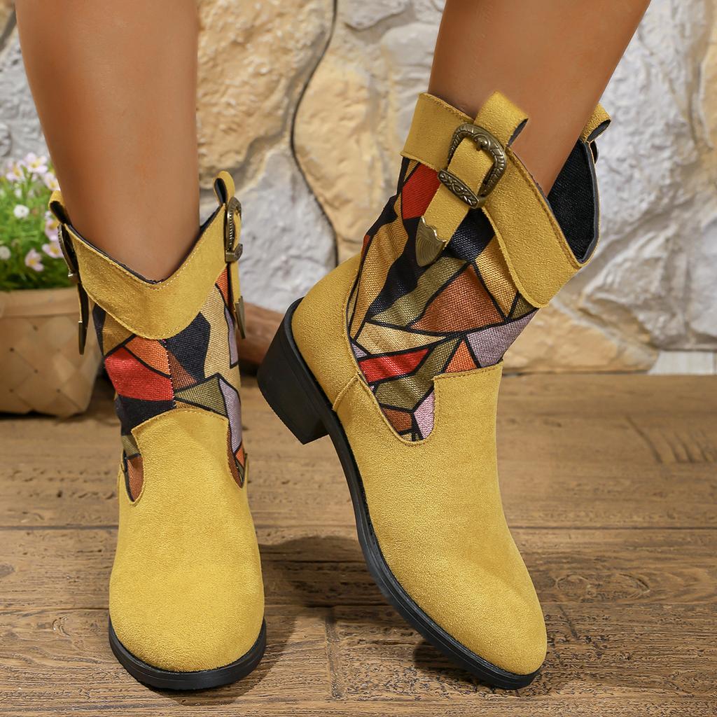 Fashion Autumn Women's Ankle Boots Fashion Metal Belt Buckle Mid-heel Western Cowboy Boots Colorful Print Fabric Booties Slip-on Shoes