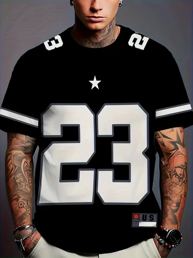 Men'S Print Casual Athletic Jersey T-Shirt with Black And White Stripes Sleeve, Star Design Round Neck Short Sleeve, Machine Washable