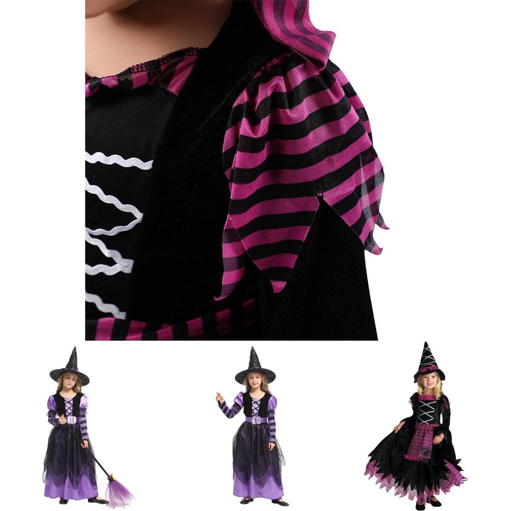 Vynikající dětský halloweenský kostým čarodějnice z hedvábné látky a propracovaných detailů