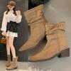 2025 New Women's Boots Pointed Heel Coarse Heel Short Boots Children's Versatile Skinny Pile Western Merad Scrub