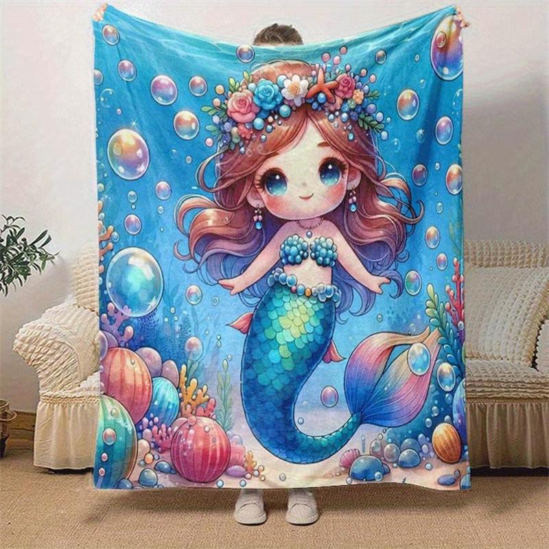 1pc Mermaid Printing Blanket - Soft, All-Season Throw for Office Blanket, | Personalized Gift with Adorable Cartoon Design