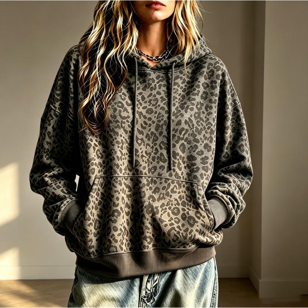 Damen Oversized Retro Kapuzenpullover mit Leopardenmuster
