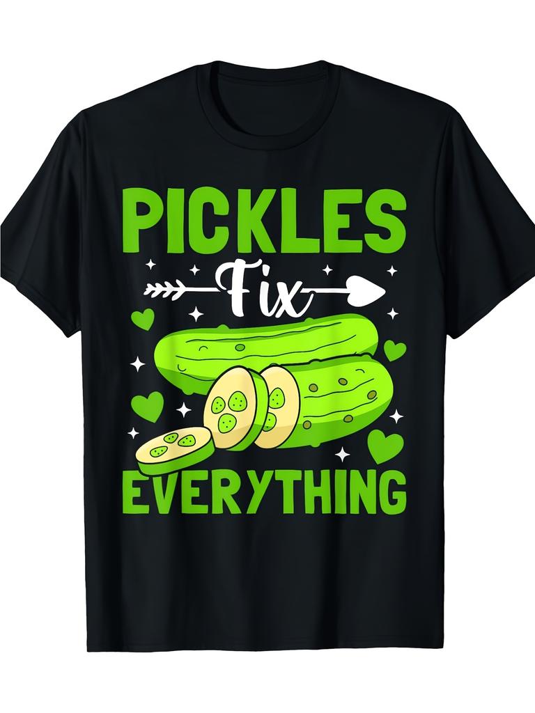 Pickles Fix Everything Funny Pickle Lovers Retro T-Shirt Short Sleeve Round Neck Casual Tee wit