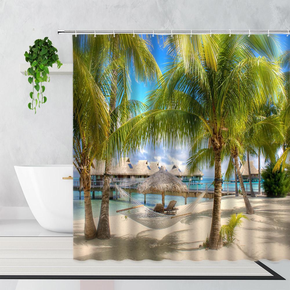 Palm Trees Beach Shower Curtains Sea Waves Island Vacation Hawaii Nature Scenery Summer Fabric Bathroom Decor Bath Curtain Hooks